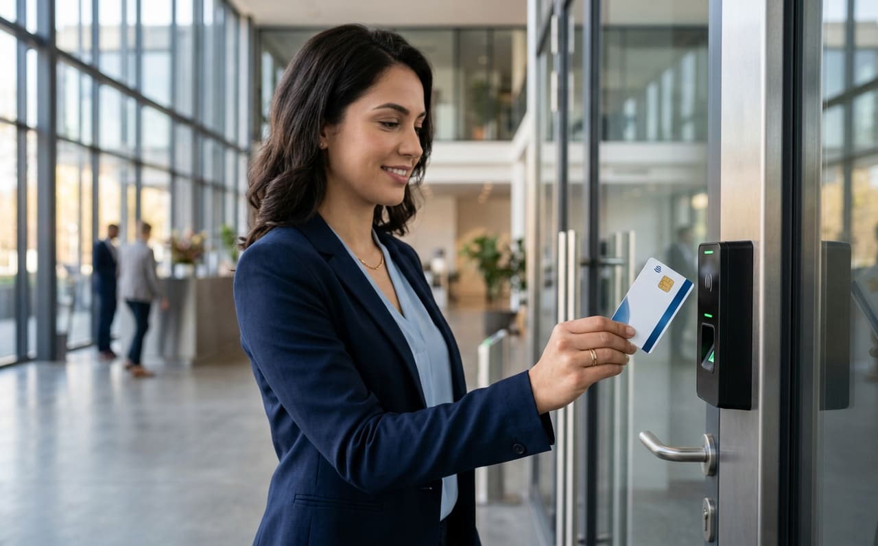 Employee authenticating at a biometric access control reader with a smart card